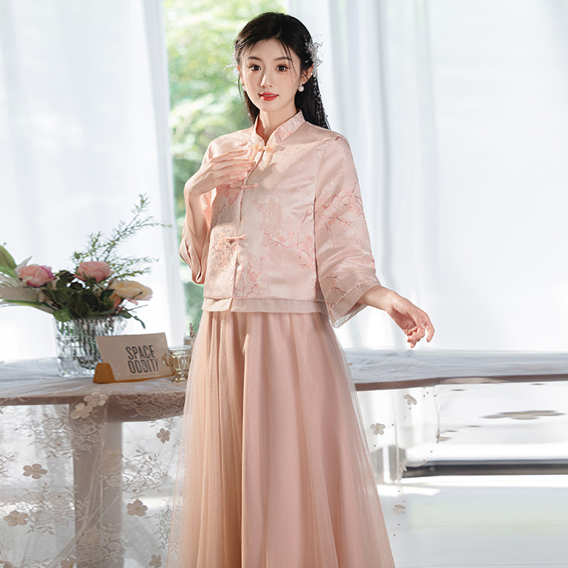 现货速发中式伴娘服2024新款秋款长袖高端婚礼伴娘团礼服粉色旗袍