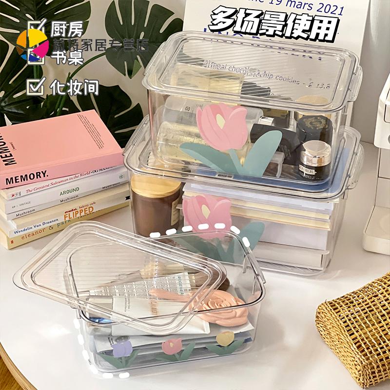速发透明花朵收纳盒子压克力学生宿舍收纳箱可爱办公桌面杂物筐收