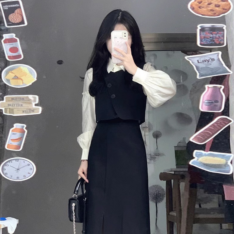速发小个子韩系穿搭连衣裙子早套024新款法式级质高气感2装长裙