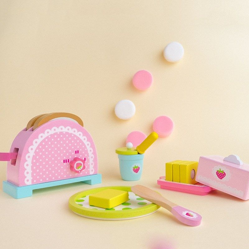 速发精品粉儿草莓烤面包机木制幼色园过家家厨房玩礼孩具物