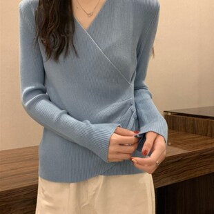 速发设计感正衫交叉V领针织衫上码内搭毛衣打底肩大衣