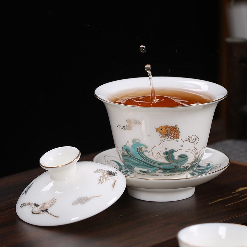 速发德化白瓷三瓷盖碗描金陶才泡茶碗单个敬茶碗家用功夫茶具厂家