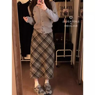 速发秋古棕色格子半身裙复冬新款大码梨形身材中长款毛呢裙子