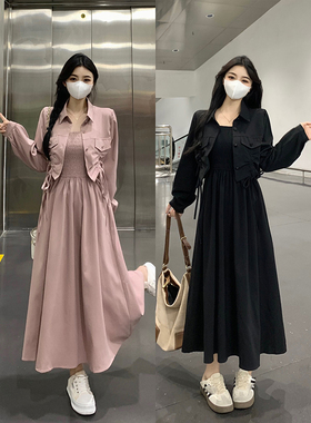 速发黑色吊带连衣裙外搭开衫高级感穿搭气质裙子肚遮长裙