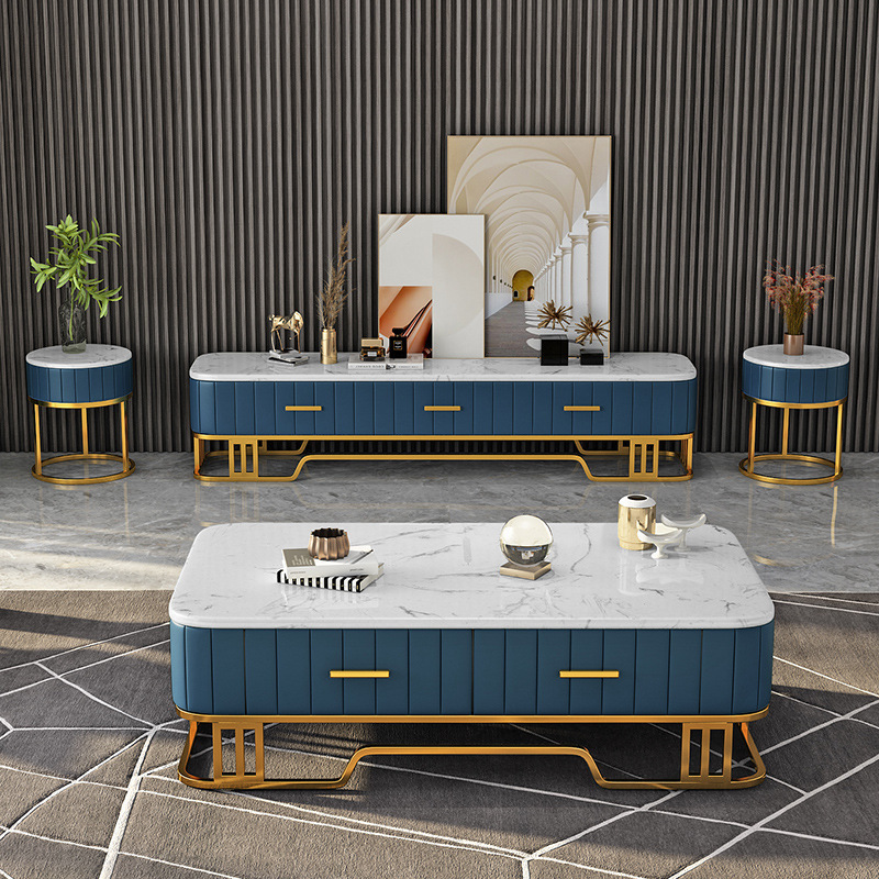 现代简约大理石电视柜茶几组合家用多功能视听柜长方形带抽屉地柜