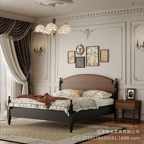 法式复古实木床小耳实木床1米8双人主卧大床高端中古风实木床