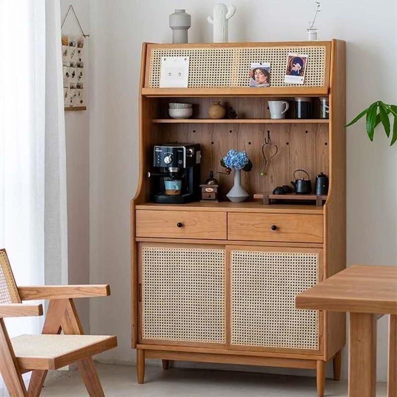 北欧中古实木餐边茶水玄关日式酒柜靠墙藤编储物柜收纳高柜现代