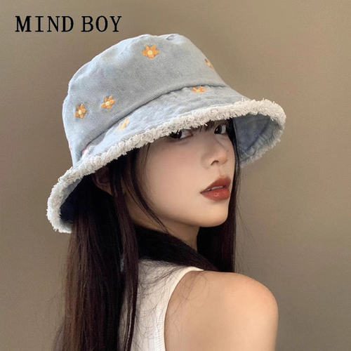 MIND BOY花朵磨边牛仔渔夫帽女春夏季大头围水桶盆帽遮阳防晒帽子