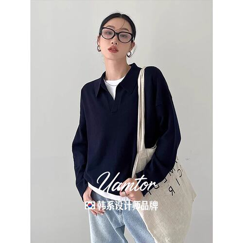韩系Uamtor美式polo领长袖针织衫女秋冬高级感慵懒v领老钱风上衣