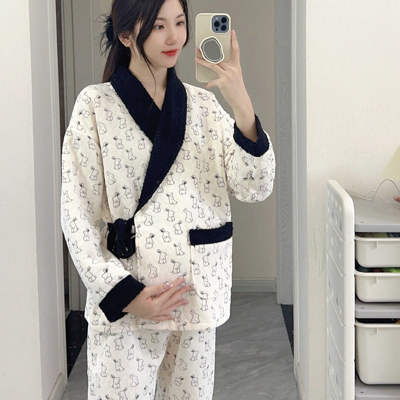 法国Uamtor月子服秋冬季和服款空气棉保暖孕妇怀孕期产妇哺乳睡衣