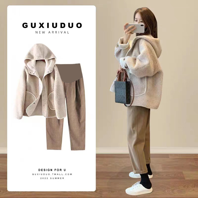 英国DHWA孕妇外套秋冬季外穿春秋新款时尚卫衣套装羊羔毛加厚上衣