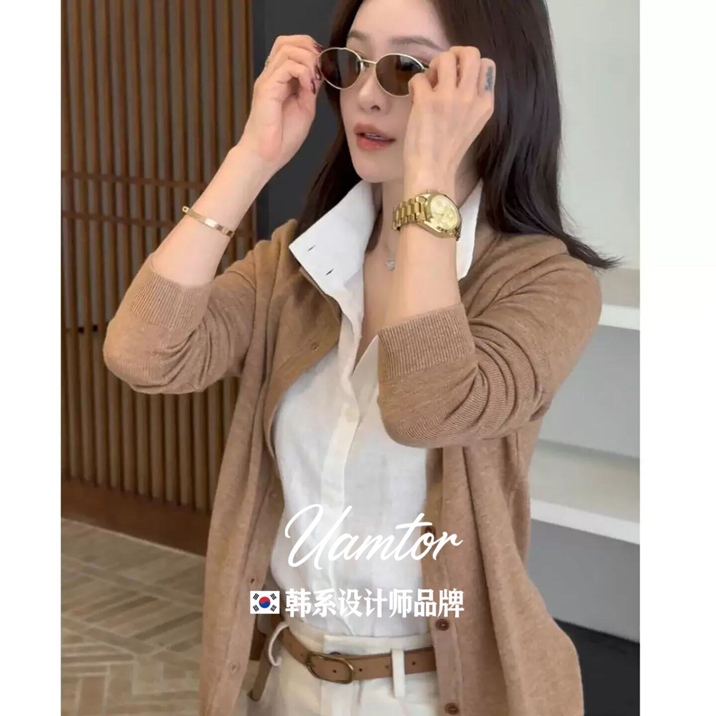 韩系Uamtor老钱风撞色假两件针织衬衫女秋季拼接新款短长袖开衫潮