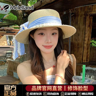 Mclelland蝴蝶结系带平顶草帽女夏季沙滩帽大檐遮阳防晒太阳帽子