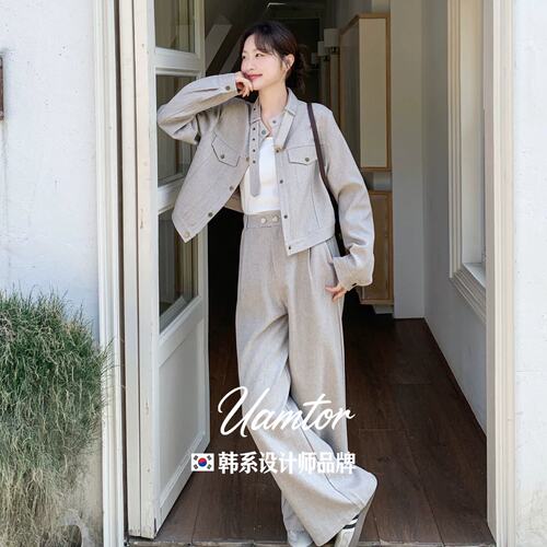 韩系Uamtor老钱风休闲夹克套装女2026秋季新款气质感阔腿裤两件套