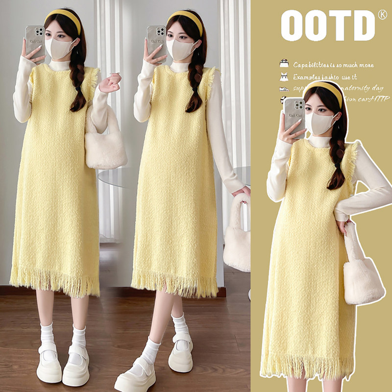 法国Uamtor孕妇背心连衣裙秋冬套装法式可甜可盐气质叠穿流苏辣妈