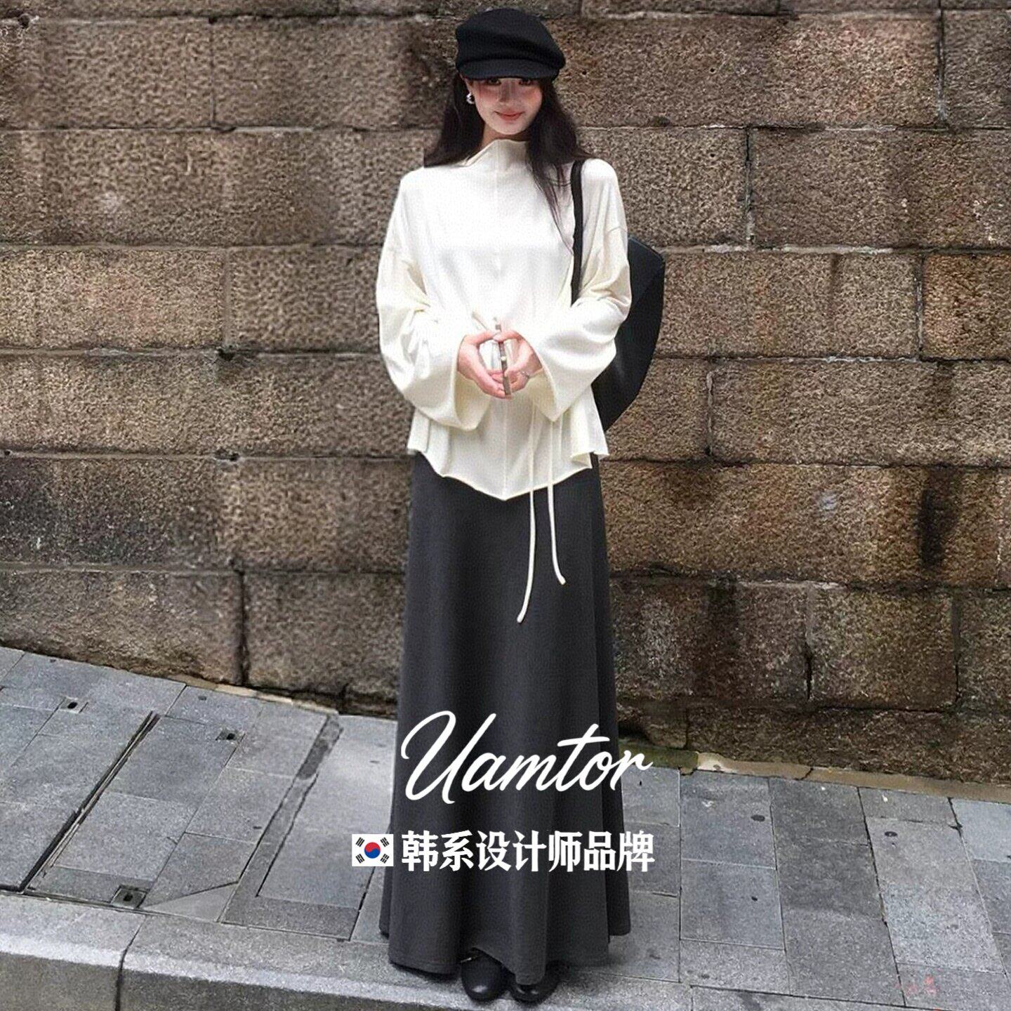 韩系Uamtor灰色半身裙女秋季针织裙2026新款高腰a字裙鱼尾裙长裙