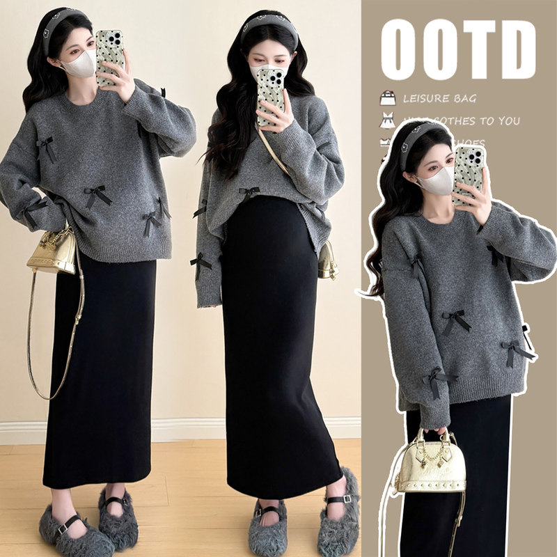 法国Uamtor孕妇装秋冬季2025新款高级感蝴蝶结毛衣半身裙两件套装