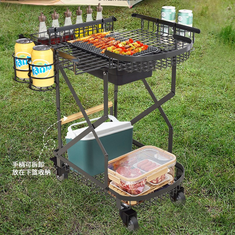 户外便携可折f叠烧烤车户外踏青带烤炉野外聚餐带轮不锈钢烧烤架