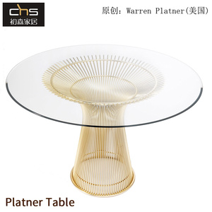 初森家具/普拉餐桌/简约设计师不锈钢钢化玻璃圆形桌现代金属桌子
