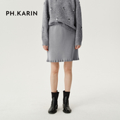 通勤 KARIN复古灰色木耳边针织半身短裙女冬季 自由旷野