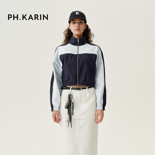 【意趣自然】PH KARIN休闲拼色宽松短外套女春装美式复古立领夹克