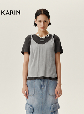 【春日多巴胺】PHKARIN短袖圆领T恤灰色吊带女春装拼色叠穿两件套