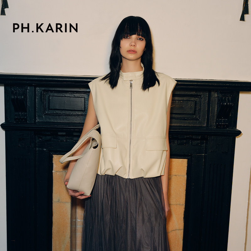 PH KARIN时髦树脂蛋白面料宽松小O型皮马甲女春新款夹克外套,女装/女士精品,马夹,淘宝优惠券,粉丝福利购,淘宝优惠卷