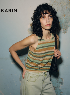 PH Karin绿色设计感无袖彩虹条纹镂空针织背心女夏季新款上衣