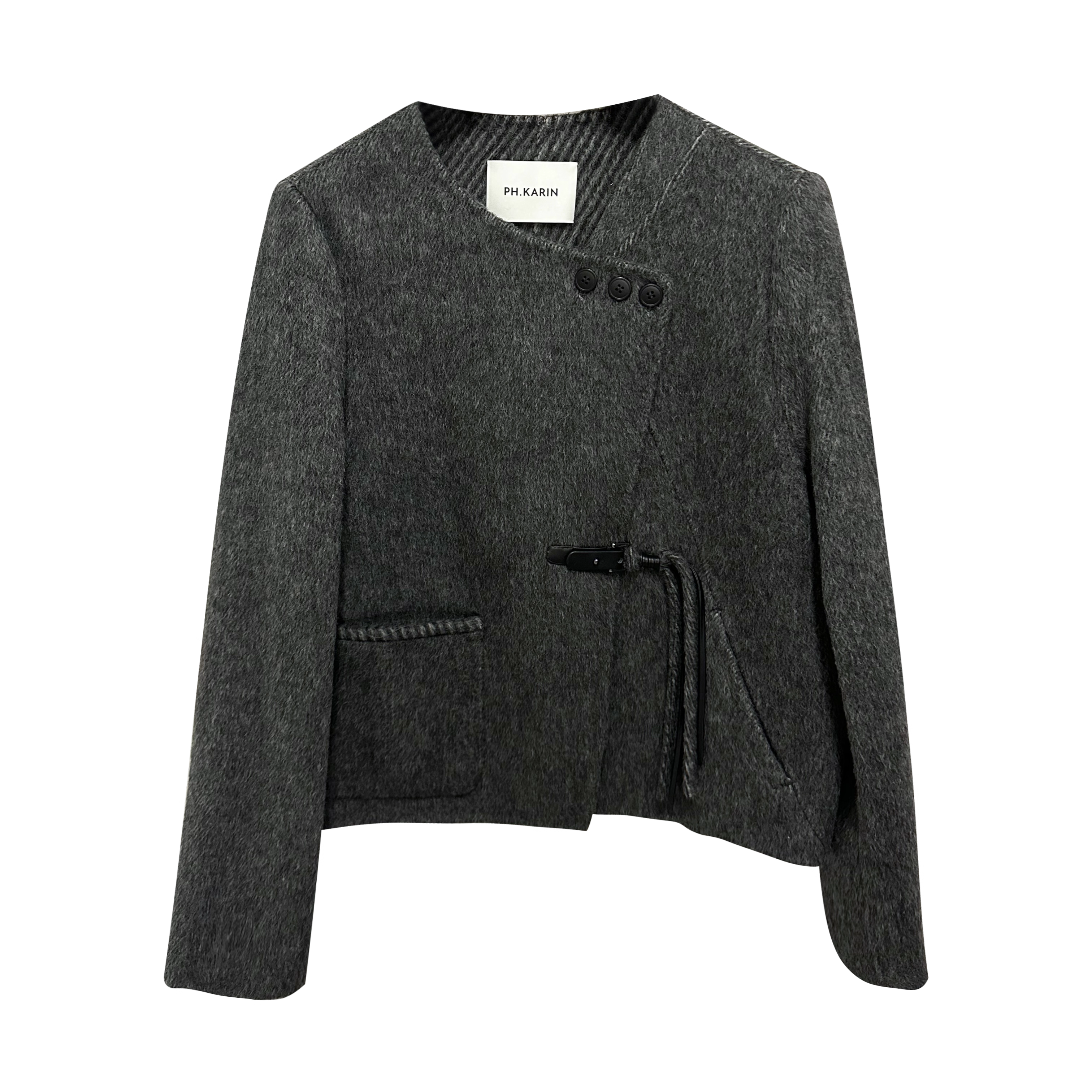 PH KARIN复古双面羊毛呢斜门襟皮扣大衣女冬季深灰色外套