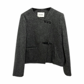 KARIN复古双面羊毛呢斜门襟皮扣大衣女冬季 深灰色外套