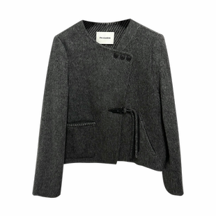 PH KARIN复古双面羊毛呢斜门襟皮扣大衣女冬季深灰色外套