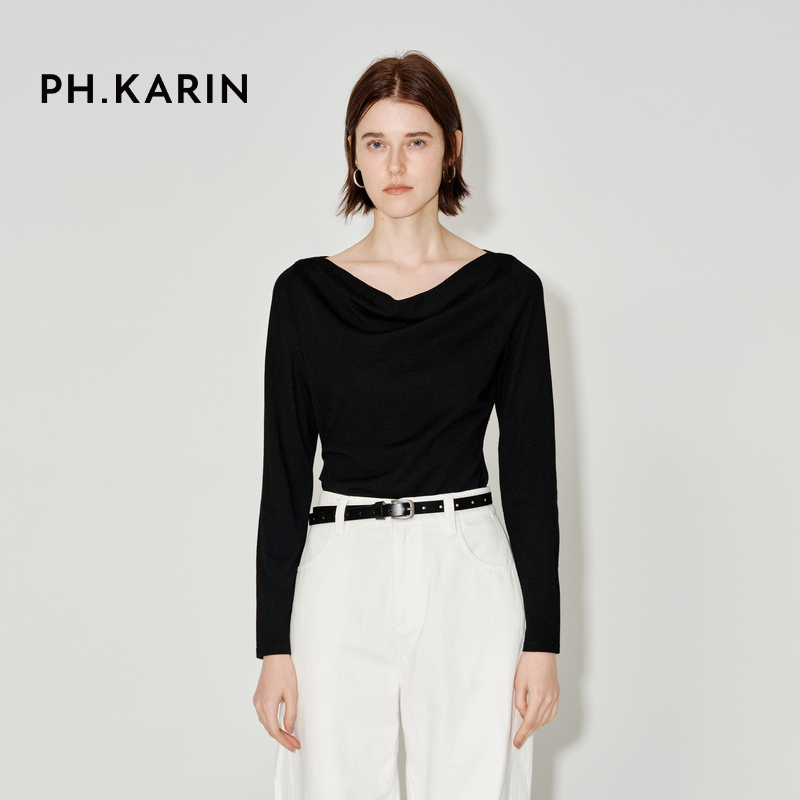 【趣行都市】PH KARIN绵羊毛混纺高弹荡领打底针织衫女25秋内搭
