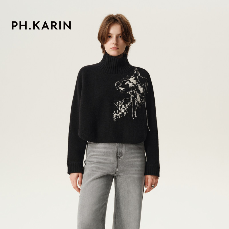 【自在新年】phkarin全羊毛黑色高领福鱼国风毛衣女冬季通勤