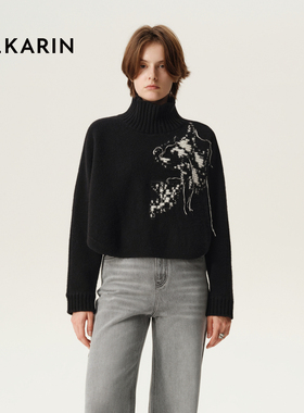 【自在新年】phkarin全羊毛黑色高领福鱼国风毛衣女冬季通勤
