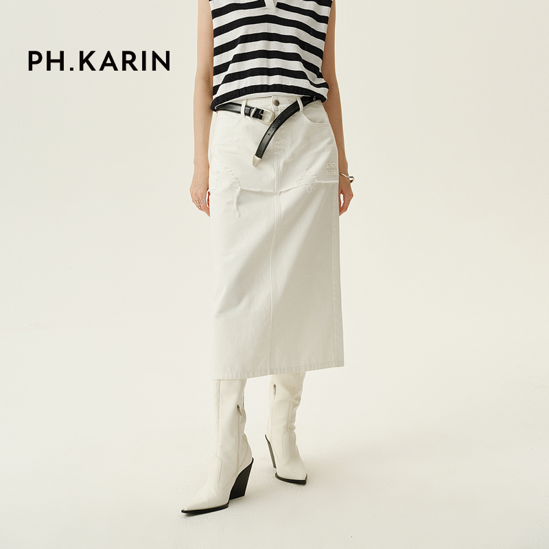 【明星同款】PH KARIN100%棉白色半身裙女春破洞开叉直筒牛仔长裙