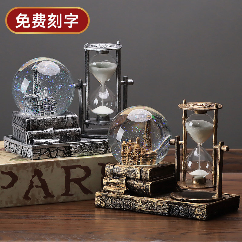 家居装饰品复古水晶球沙漏计时器酒柜客厅桌面埃菲尔铁塔创意王金