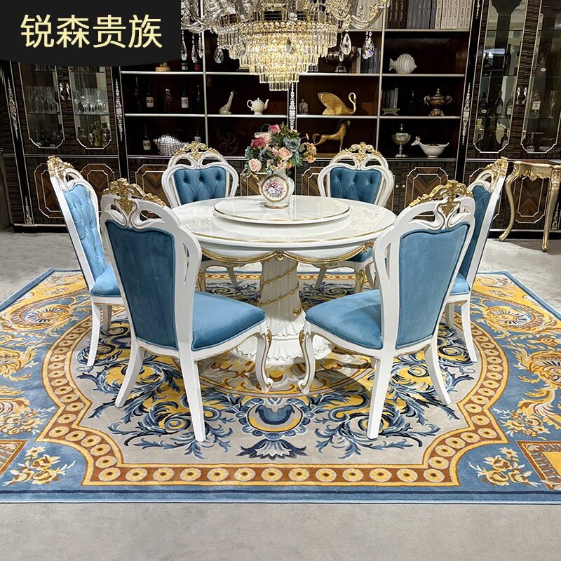 法式圆餐桌餐椅组合欧式实木雕花餐桌宫廷奢华带转盘餐厅餐桌