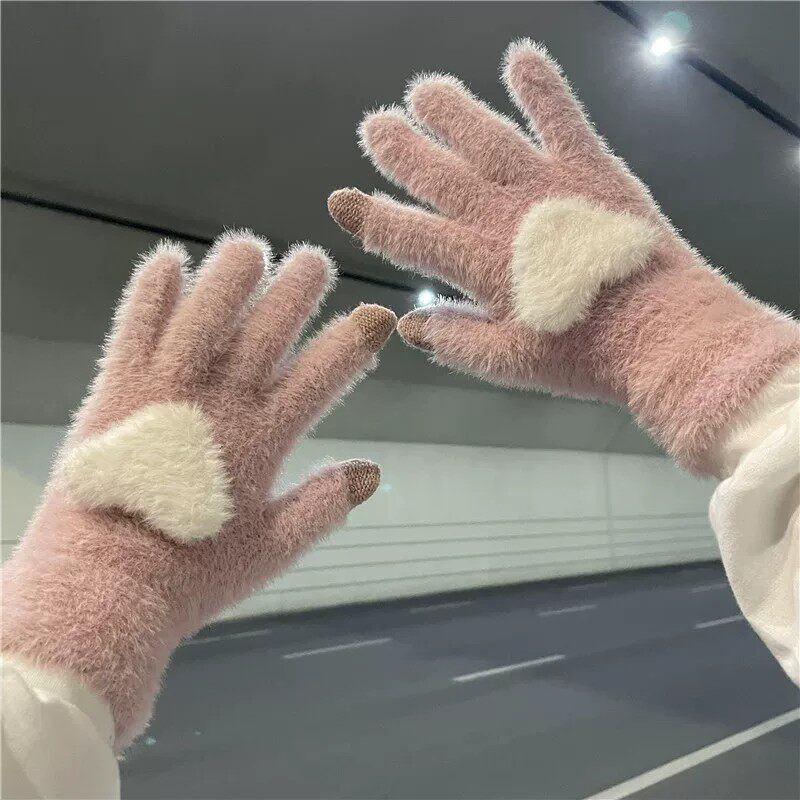 冬季加绒可爱桃心触屏手套女