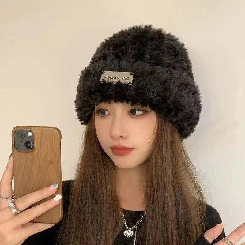 毛线帽子秋冬季女款百搭针织包头显脸小保暖白色毛绒茸冷帽大头围