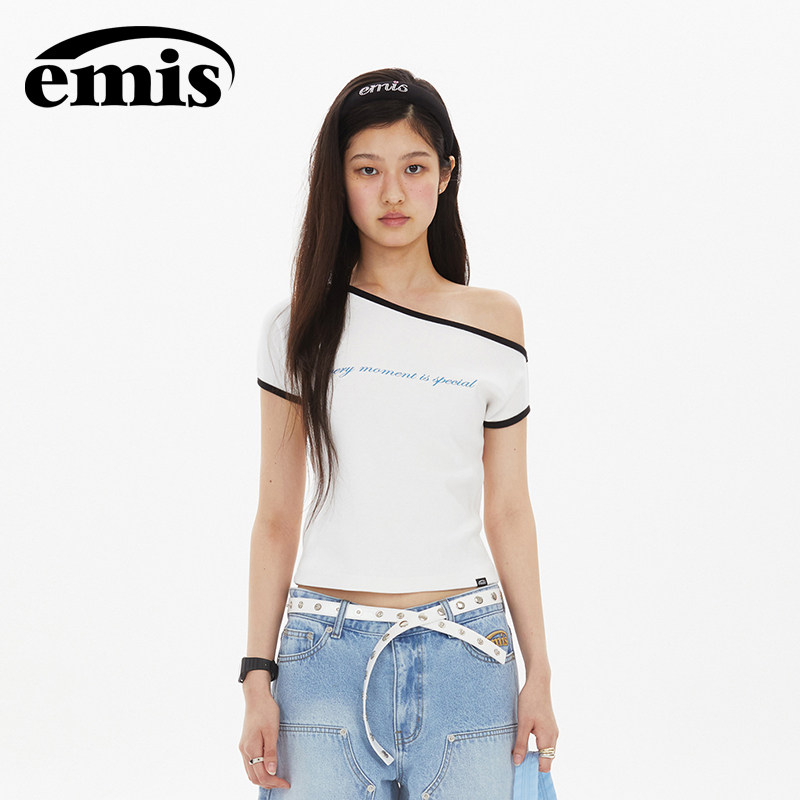 emis短袖单肩不对称上衣白色女式图片