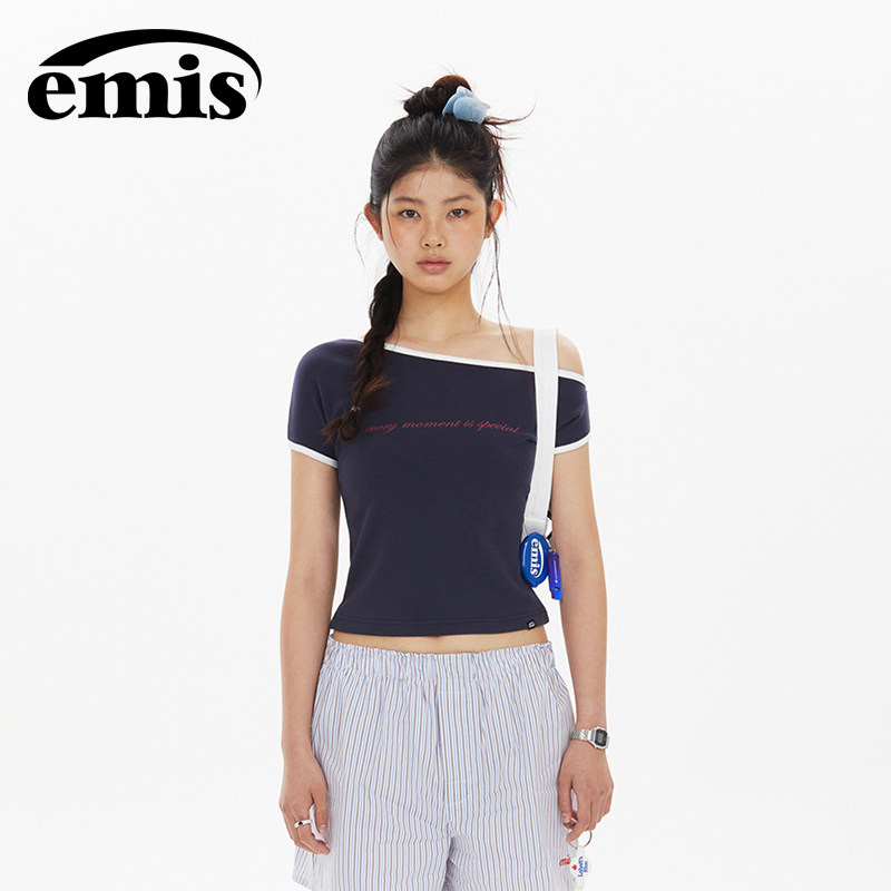 emis单肩不对称上衣藏青色短袖图片