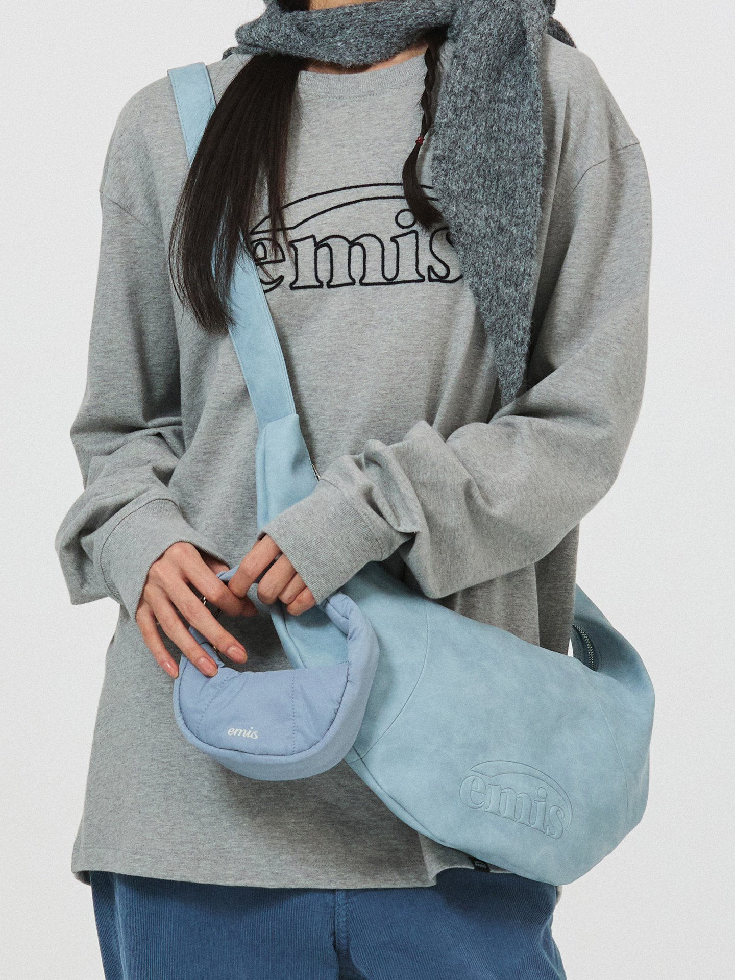 Emis Women's Embossed Logo Half-Moon Bag - Light Blue Handbag, Shoulder Bag, Niche Luxury Underarm Bag - Thumbnail 2