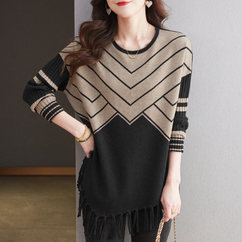 圆领几何条纹针织衫女中长款流苏时尚款不规则打底衫中年妈妈上衣