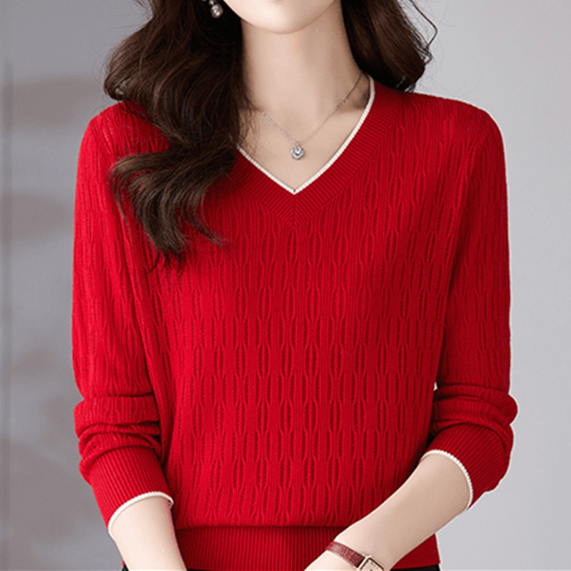 秋季网红新款时尚百搭V领长袖针织衫女百搭显瘦遮肉撞色毛衣上衣,女装/女士精品,毛针织衫,淘宝优惠券,粉丝福利购,淘宝优惠卷