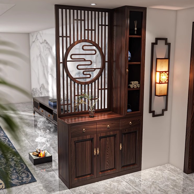 新中式屏风隔断客厅入户正对阳台玄关简约现代格栅鞋柜实木置物架