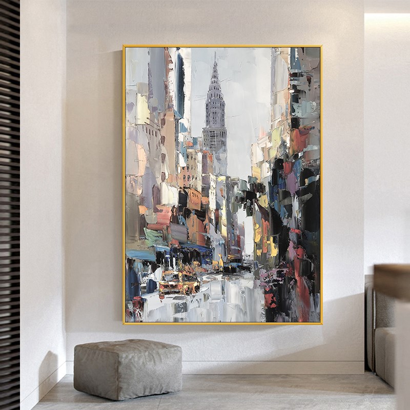 极速手绘a油画城市玄关背景墙装饰画现代抽象立体轻奢挂画餐厅客图片