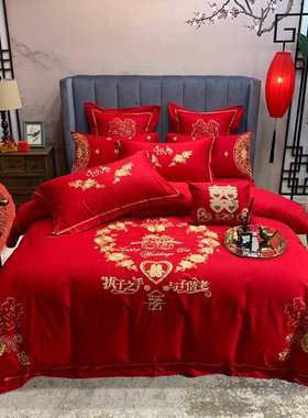2023高端婚庆大红色中式刺绣13376纯棉结婚床上用品100支贡缎提