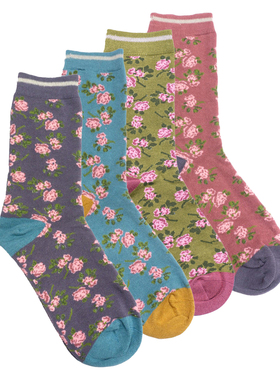 竹袜竹纤维抗菌防臭透气花朵鲜花蔷薇花无骨对目女袜4色THO226