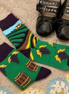 舒适棉质酿酒葡萄园图案男女同款情侣中短筒袜35-40码FUNNY SOCKS