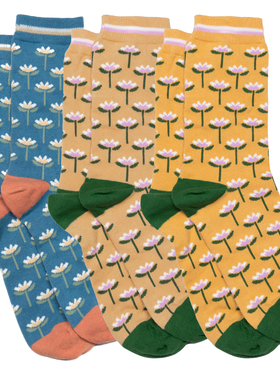 女士有机棉莲花荷花无骨对目中筒女袜THO825